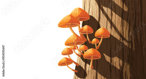 A vibrant cluster of numerous small, orange-capped mushrooms grows vertically on the textured bark of a tree trunk, illuminated by sunlight.