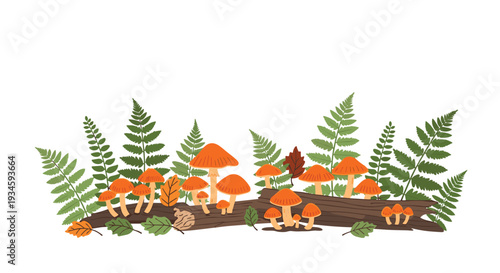 A fallen log, covered with small orange mushrooms, rests horizontally amidst vibrant green ferns and scattered autumn leaves on a forest floor.