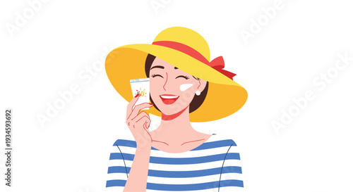 A smiling woman wearing a yellow sun hat and striped shirt is applying sunscreen to her cheek from a small white bottle.