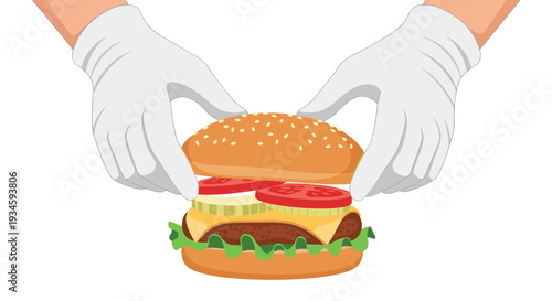 A pair of white-gloved hands are carefully placing the top bun onto a fully constructed hamburger against a pristine white background.