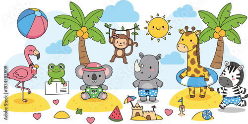 Cute Cartoon Summer Beach Animals Collection with Giraffe Zebra Rhino Koala Monkey and Tropical Elements Vector Illustration
