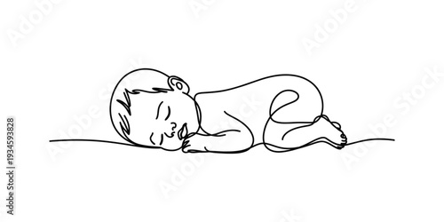 A minimalist black and white line drawing depicting a newborn baby sleeping peacefully on its side Vector, illustration