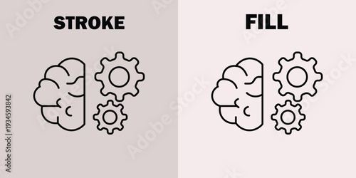 Black and white of brain with gears stroke and fill