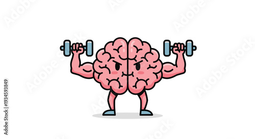 An angry cartoon brain with bulging biceps flexes its arms while holding two blue dumbbells on a stark white background.