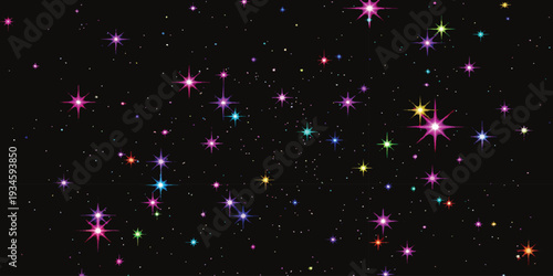 Abstract night sky with colorful glowing stars and sparkles on black background vector illustration for cosmic space designs