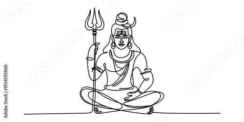 A simple line art illustration of the hindu deity shiva seated in meditation, holding a trishula Vector, illustration