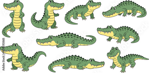 Cute Crocodile Cartoon Character Set in Different Poses Green Alligator Vector Illustration Collection
