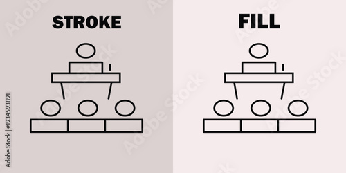 Black and white of desktop with chair and computer on left and right side with stroke and fill text