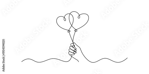 A minimalist single line drawing of two heart-shaped balloons held by a hand, symbolizing love and connection. Vector, illustration