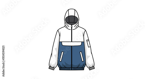 A flat vector illustration showcases a single two-tone hooded anorak jacket with white and blue sections on a plain background.