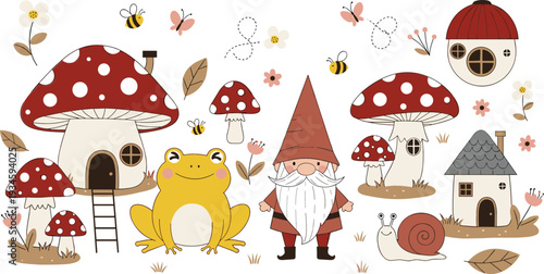 Cute Gnome and Mushroom Houses Cartoon Vector Illustration Set with Frog Snail and Forest Elements