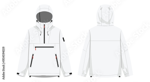 A pristine white hooded anorak jacket is displayed in both front and back vector views, featuring black zippers and red accents.