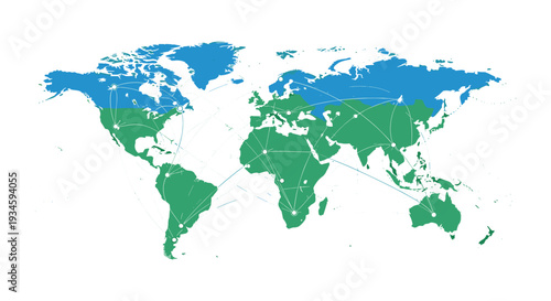 A world map illustration features blue and green continents with white network nodes connected by dotted lines on a white background.