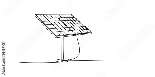 Minimalist line art depicting a photovoltaic solar panel on a stand, generating electricity. Vector, illustration