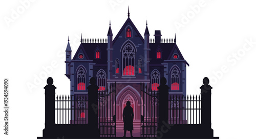 A dark gothic mansion with red glowing windows stands behind an ornate gate, with a silhouetted figure in front.