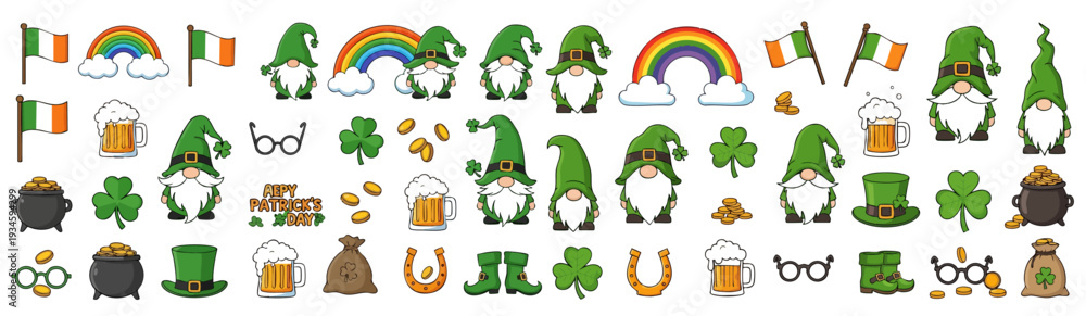 Fototapeta premium Collection of St. Patrick's Day themed illustrations, including leprechauns, pots of gold, and shamrocks.