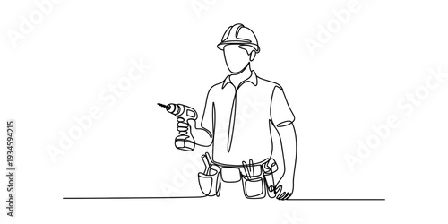 Continuous line drawing of a construction worker holding a power drill and wearing a hard hat Vector, illustration