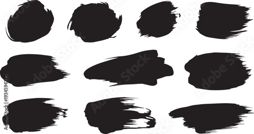 Collection of Black Paint Brush Strokes on White Background Isolated Elements