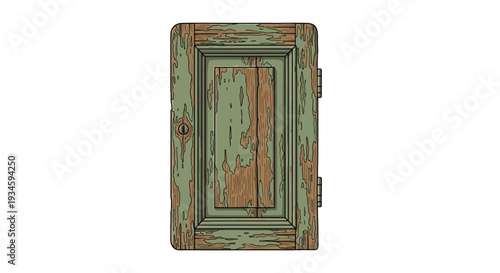 An illustrative depiction of a single, rectangular, weathered wooden door with peeling green paint and a keyhole is isolated against a clean white background.