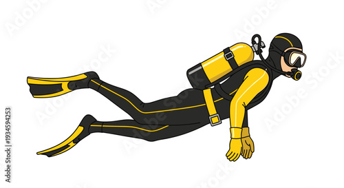 An illustrative male diver wearing a black and yellow wetsuit with an oxygen tank and fins is depicted swimming horizontally against a white background.