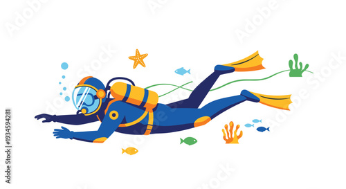 An illustrative male diver in a blue and orange wetsuit with an oxygen tank and fins is swimming amidst stylized marine life against a white background.
