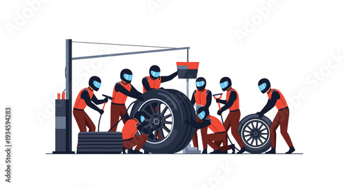 An illustrative pit crew of eight members in red and black uniforms is dynamically changing a large tire on a race car against a plain white background.