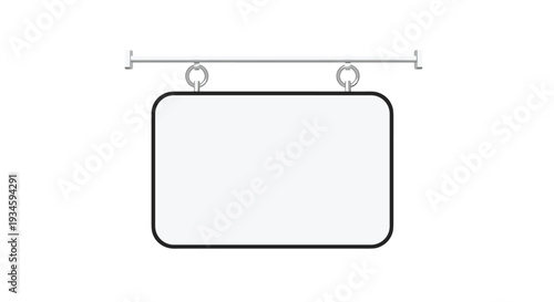 A blank, rectangular white sign with rounded corners is suspended horizontally by two rings from a silver bar against a pristine white background.