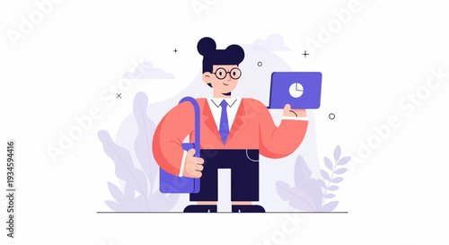 Person in a suit holding a laptop with a pie chart, carrying a bag