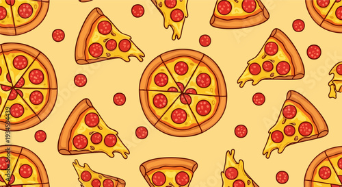 Seamless Pattern of Cartoon Pepperoni Pizza Slices and Whole Pizzas Vector
