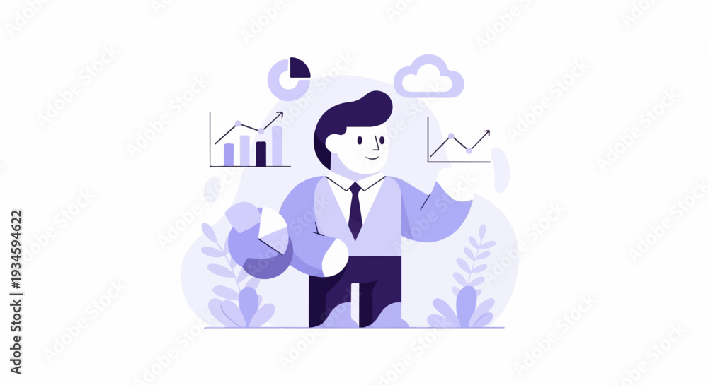 Obraz premium A man in a suit presents business data with charts and a cloud symbol