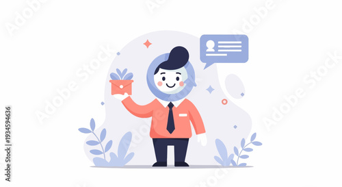 Cheerful cartoon person in a suit holds an open envelope with a gift