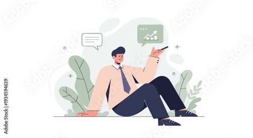 Relaxed businessman sitting with a tablet, observing growth charts