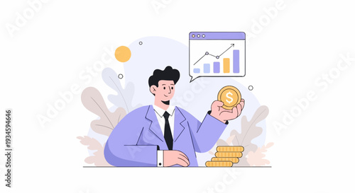 A smiling man in a suit holds a gold coin, with a graph showing growth in the background