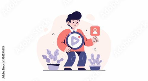 Person examining a video icon with a magnifying glass, holding a profile icon