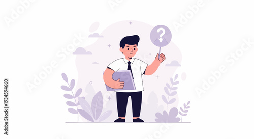 Man in shirt and tie holding folder and question symbol sign