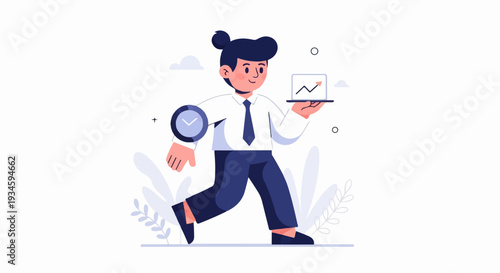 Person in formal attire carries a laptop displaying a rising graph and a wristwatch