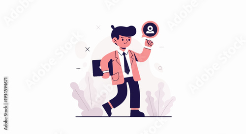 A stylized man in a suit walks confidently, a profile icon above his head