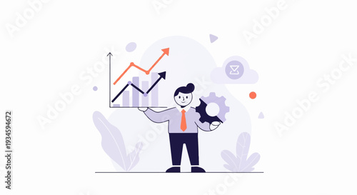 A man holds a chart and gear, symbolizing business growth and operations