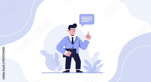 Stylized man in suit holding tablet, pointing up with idea bubble