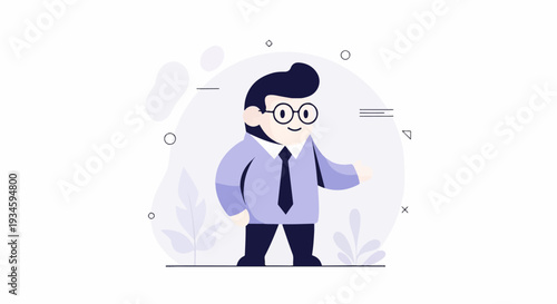 Animated person in a suit and tie, with round glasses, gestures to the side