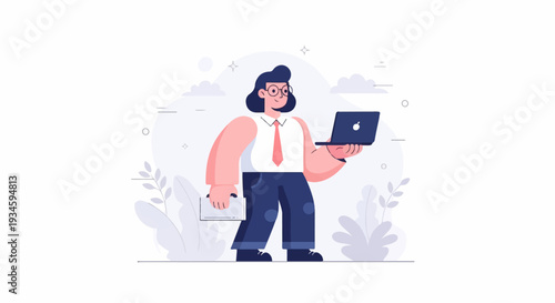 Professional holding a laptop and documents, with abstract background