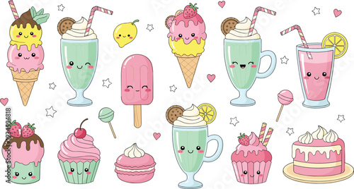 Cute Kawaii Desserts and Sweet Drinks Cartoon Vector Illustration Set with Ice Cream Cupcake and Milkshake