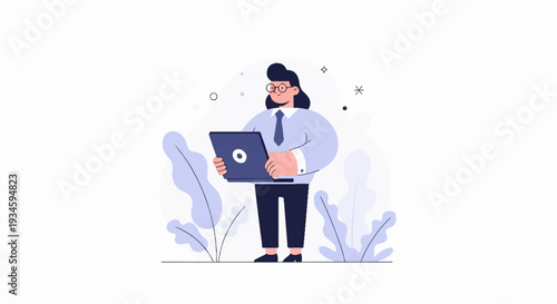 Person in formal wear holding laptop surrounded by stylized plants and abstract shapes