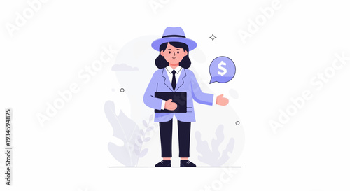Professional woman in a hat and suit offers a business deal with a dollar sign speech bubble