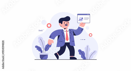 Cheerful businessman in suit holding up a tablet showing a rising graph with plants nearby