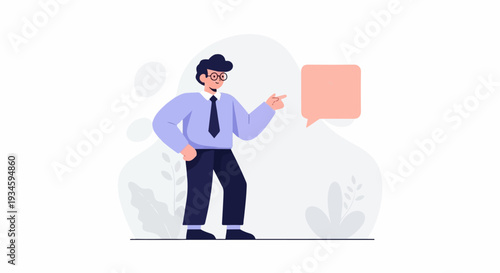 Flat illustration of a person in formal attire gesturing towards a speech bubble