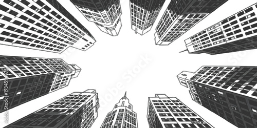 Abstract grunge low angle perspective of urban city skyscrapers looking up with textured ink style vector illustration