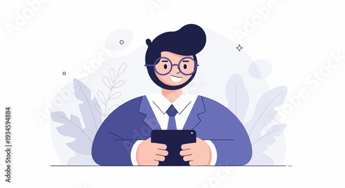 Smiling man in suit with glasses holds tablet, surrounded by abstract leaves