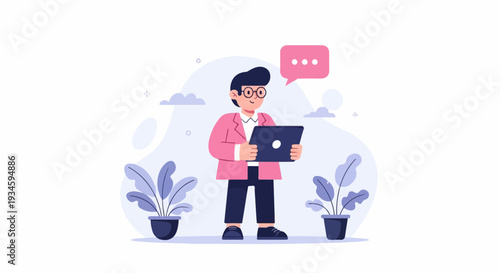 A man in a pink blazer stands holding a tablet, with potted plants and clouds around him