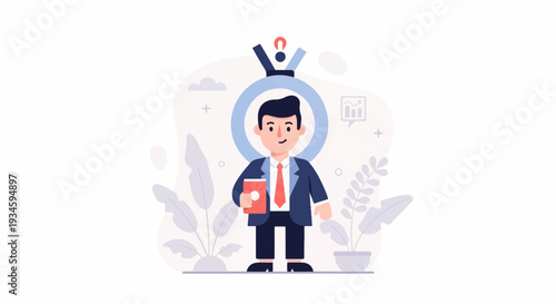 Cartoon businessman holding a book, with a medal and plants in background